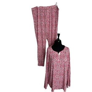 LAUREN RALPH LAUREN Pajama Set LRL Monogram Women's 2X Red Floral Print Soft NWT